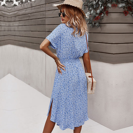 Bloemen Midi Jurk met Strik en Asymmetrische Onderkant