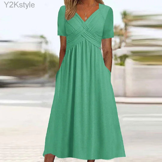 Elegante Midi Jurk met Korte Mouwen en Zakken