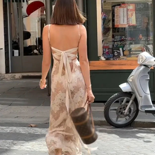 Elegante Maxi-jurk met Kantpatroon en Strik op de Rug