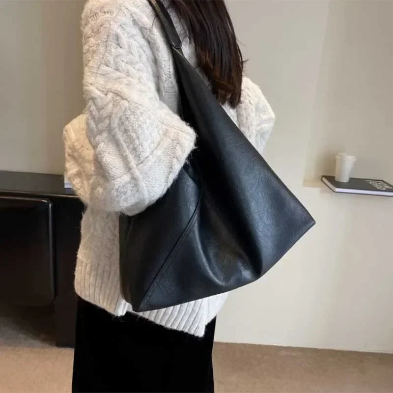 Leren shopper tas met brede handgreep