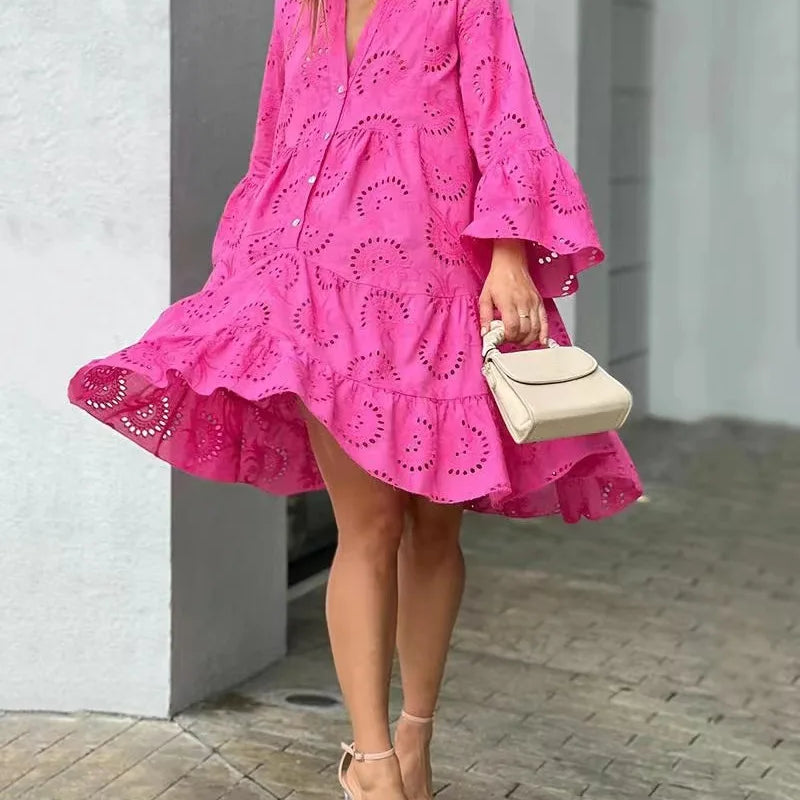 Ażurowe jurk in boho-stijl met brede mouwen