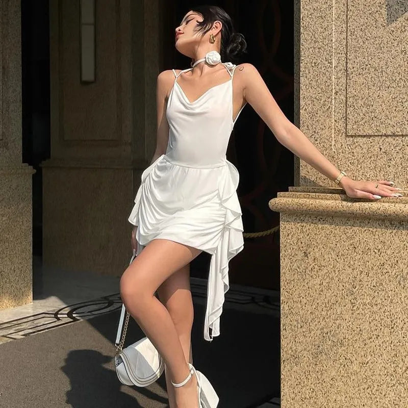 Witte Asymmetrische Jurk met Rimpelingen
