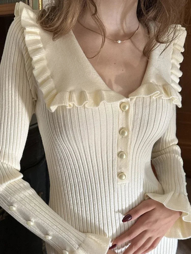 Dames getailleerde midi-jurk met ruffles en lange mouwen