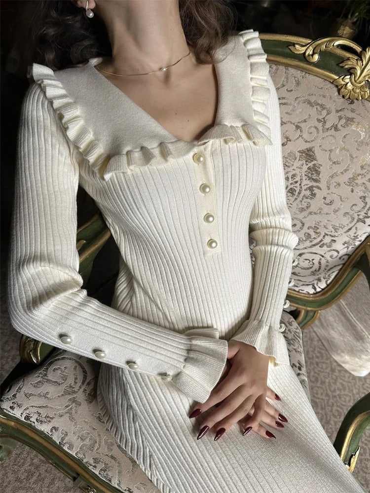 Dames getailleerde midi-jurk met ruffles en lange mouwen