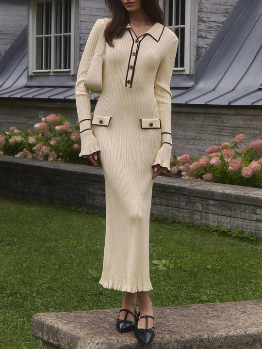 Dames getailleerde midi-jurk met ruffles en lange mouwen