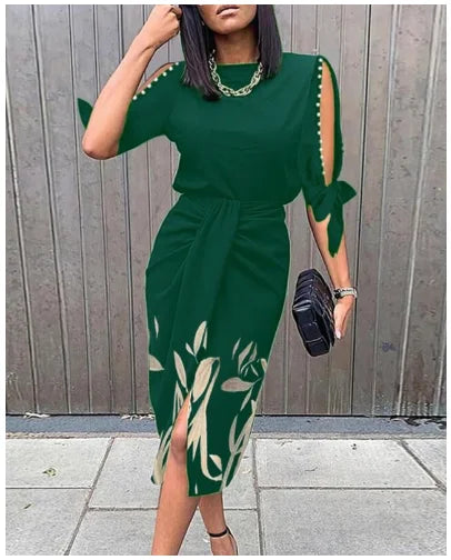 Elegante dames midi jurk met decoratieve mouwen