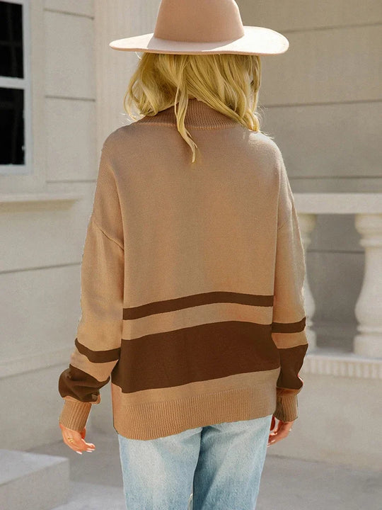 Dames Zip-Up Gebreide Trui met Gestreepte Patchwork en Lange Mouwen