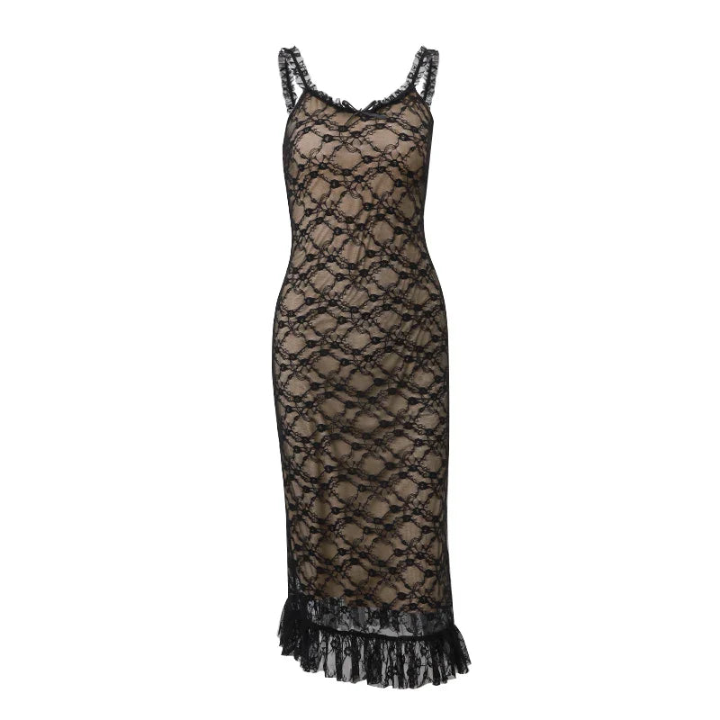 Elegante Midi-jurk met Kant en Plissé Onderdeel