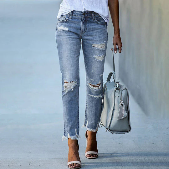Dames Versleten Capri Jeans met Franje