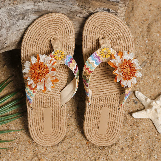 Dames sandalen op espadrille zool met bloemenaccent