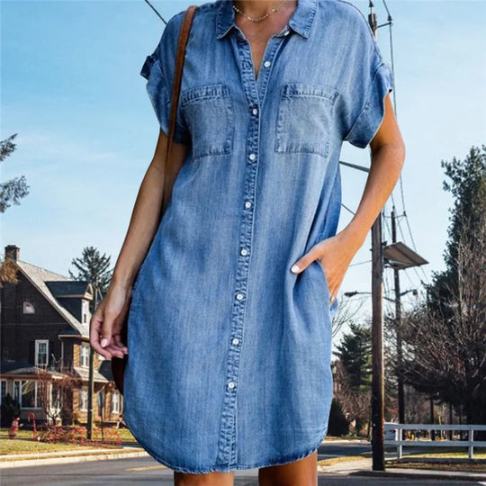 Dames Jeans Jurk met Korte Mouwen en Zakken