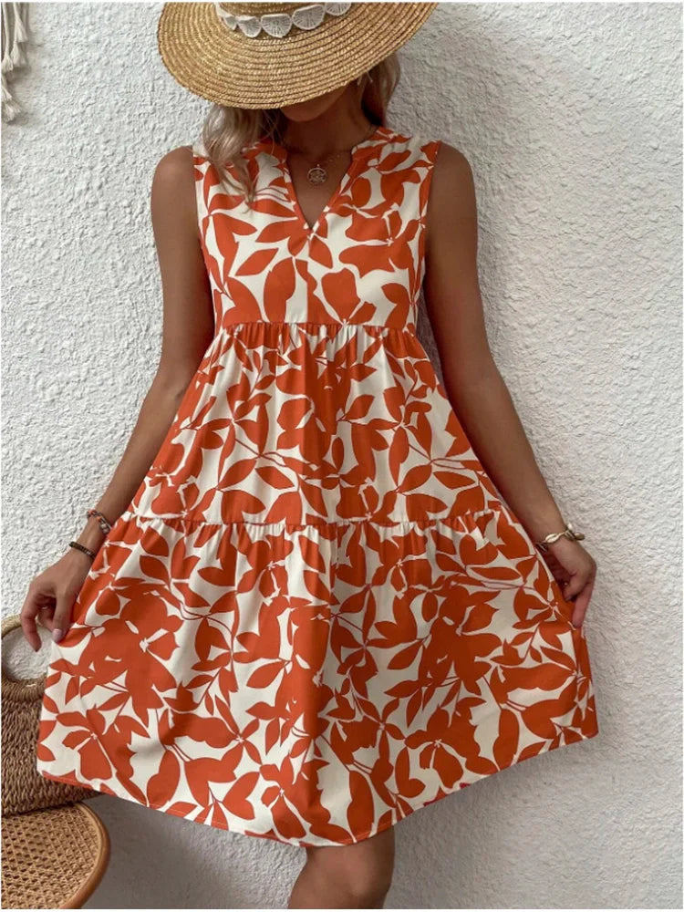 Zomerjurk met plantenprint en zonder mouwen