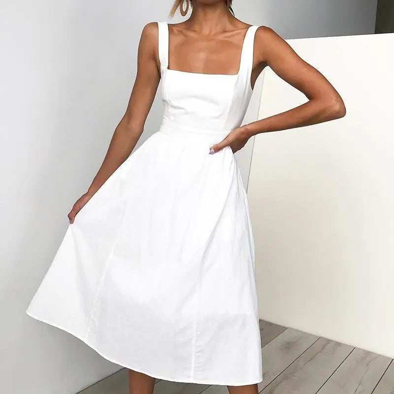Zomer dames midi jurk met brede schouderbanden