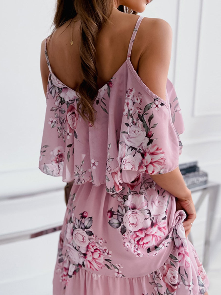Bloemenjurk met Ontblote Schouders en Ruffles