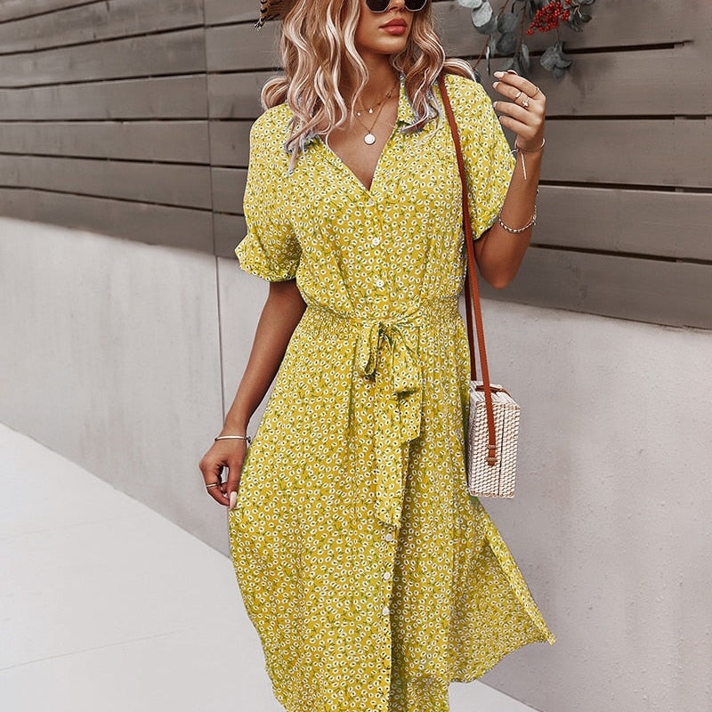 Bloemen Midi Jurk met Strik en Asymmetrische Onderkant