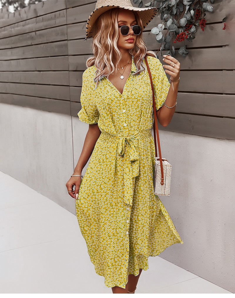 Bloemen Midi Jurk met Strik en Asymmetrische Onderkant