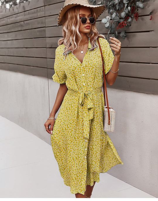Bloemen Midi Jurk met Strik en Asymmetrische Onderkant