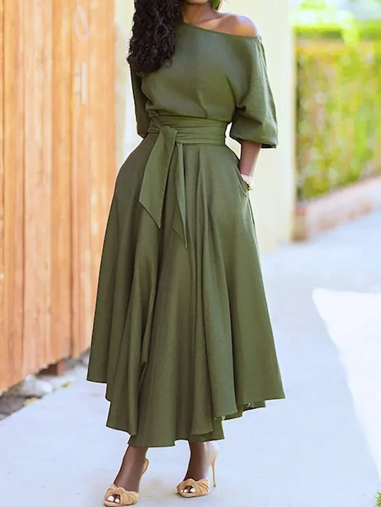 Elegante dames midi-jurk met blote schouder en riem