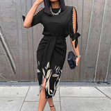 Elegante dames midi jurk met decoratieve mouwen