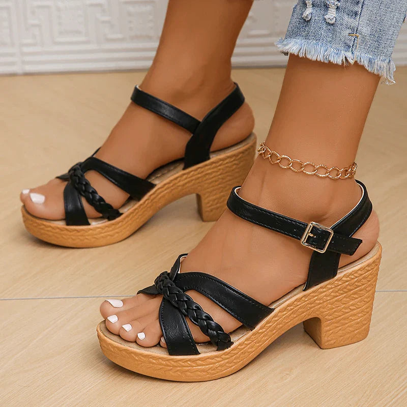 Dames Sandalen met Hakken en Gevlochten Bandjes