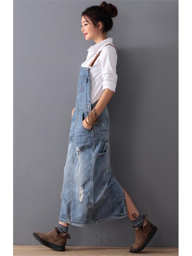 Jeans Tuinbroek Jurk met Slijtage