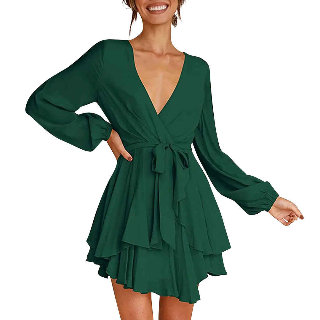 Dames elegante mini jurk met ruffles en omslagdecolleté