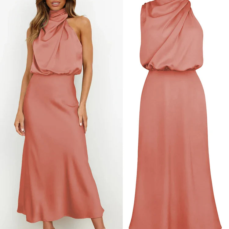 Elegante satijnen midi-jurk met asymmetrische halslijn