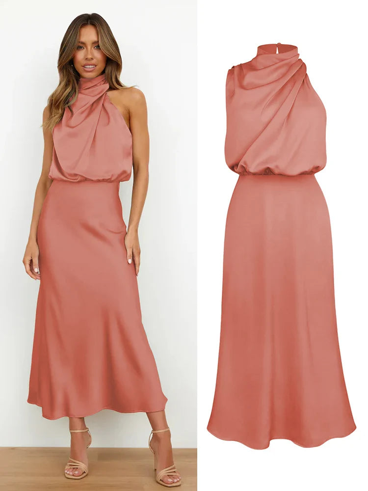 Elegante satijnen midi-jurk met asymmetrische halslijn