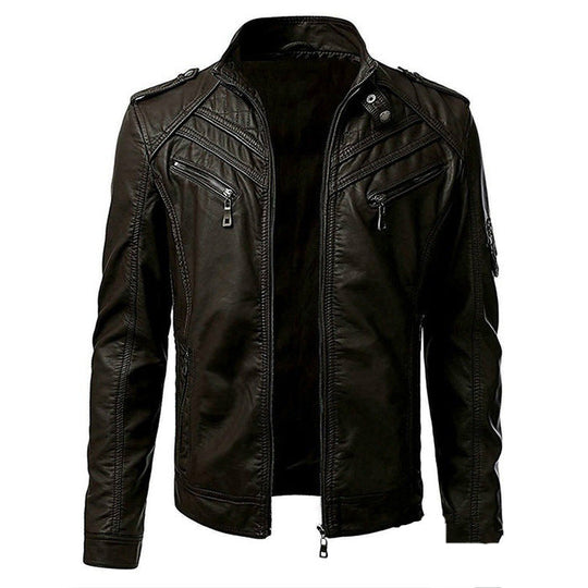 Heren Slim Fit Leren Jas | Met Ritszakken en Staande Kraag | Moderne en Gestructureerde Pasvorm