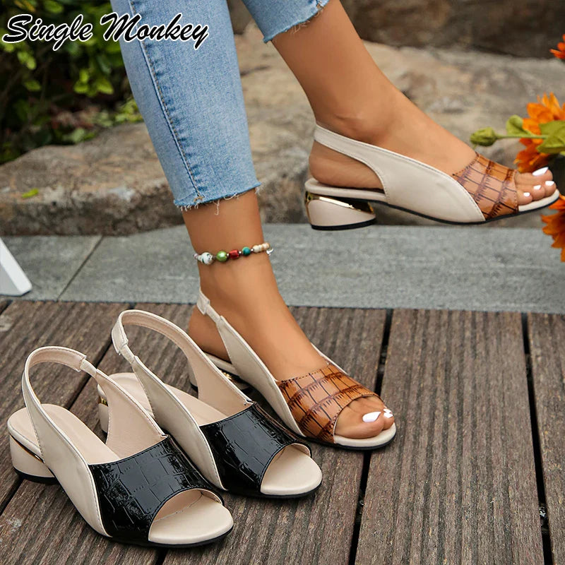 Dames sandalen met lage hak, open tenen en elastische band – elegant en comfortabel