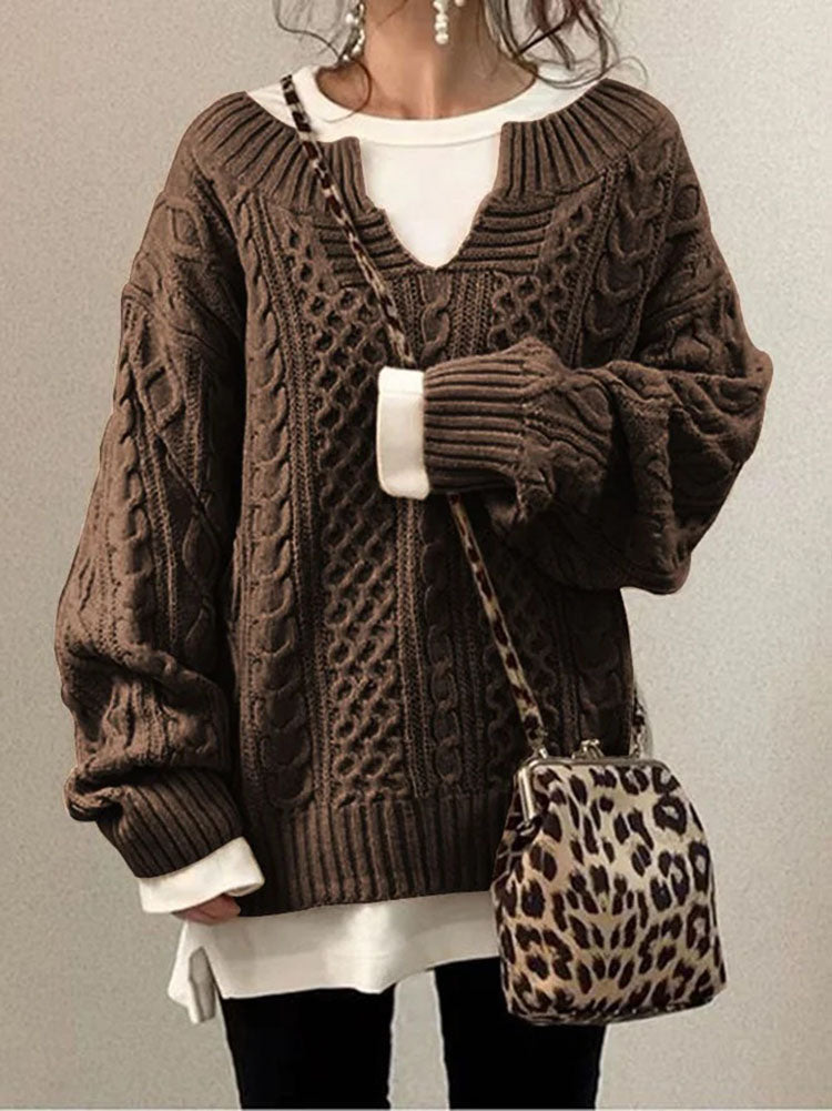 Dames Kabelbrei Trui met Uitsnede Ronde Hals en Chunky Textuur