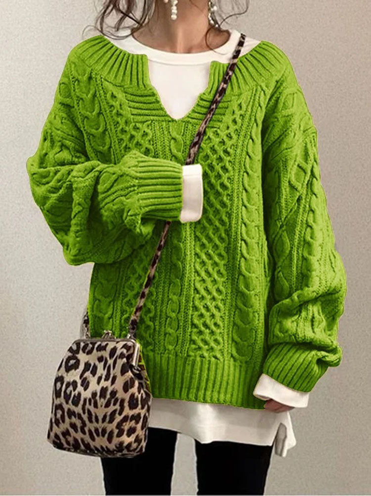 Dames Kabelbrei Trui met Uitsnede Ronde Hals en Chunky Textuur