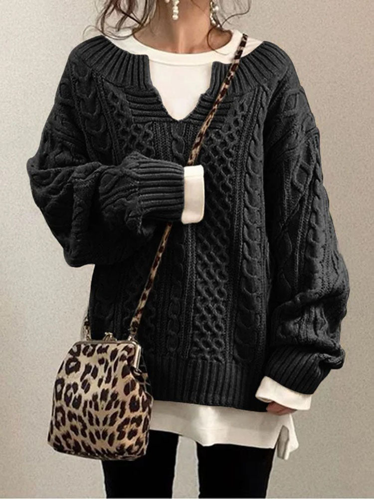 Dames Kabelbrei Trui met Uitsnede Ronde Hals en Chunky Textuur