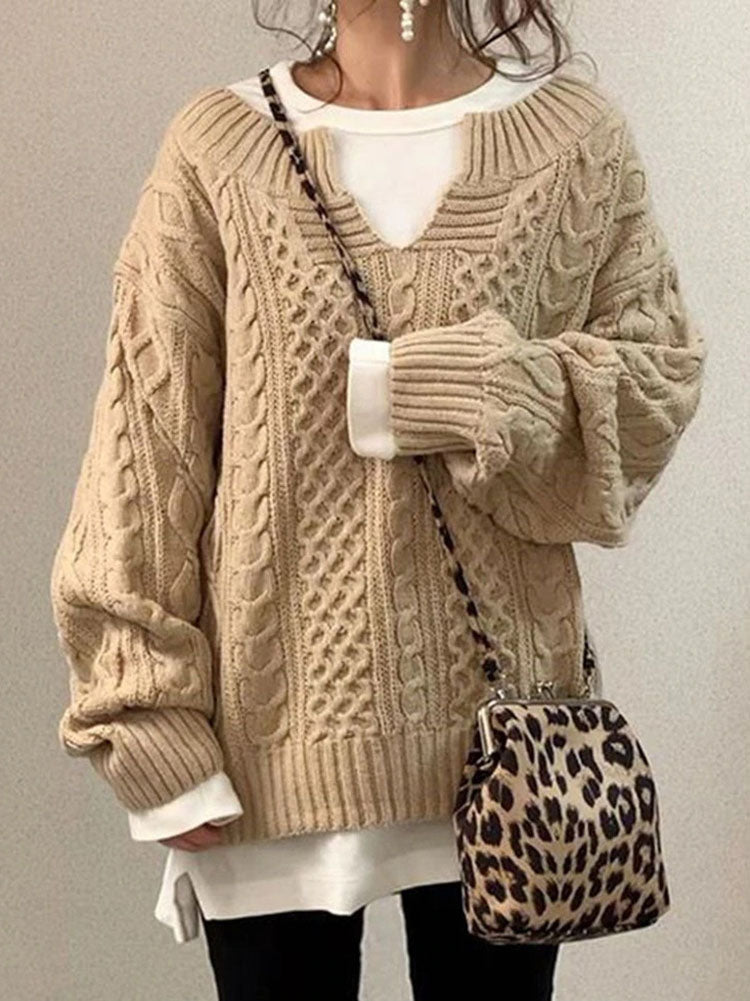 Dames Kabelbrei Trui met Uitsnede Ronde Hals en Chunky Textuur