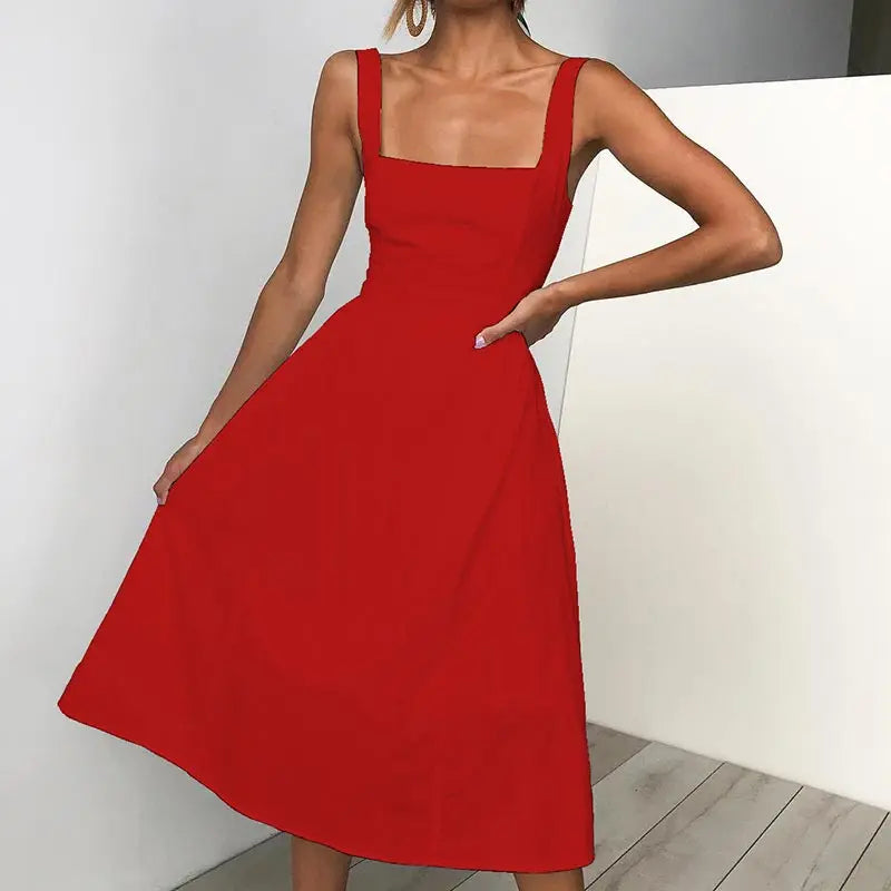 Zomer dames midi jurk met brede schouderbanden