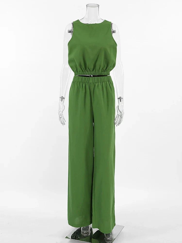 Dames | Linnen Set | Mouwloze Crop Top | Lange Broek | Stijlvol | Chic | Trendy