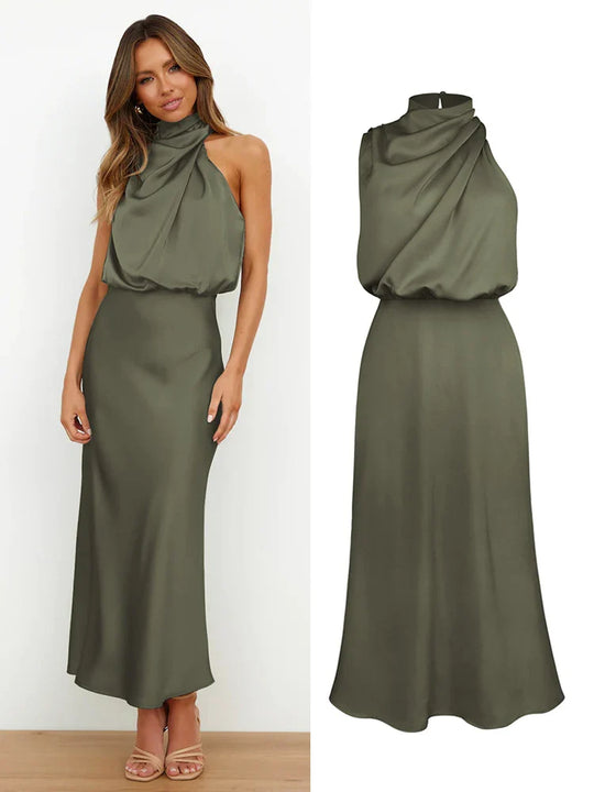 Elegante satijnen midi-jurk met asymmetrische halslijn