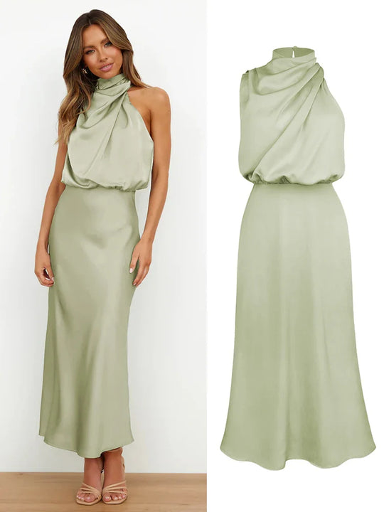 Elegante satijnen midi-jurk met asymmetrische halslijn
