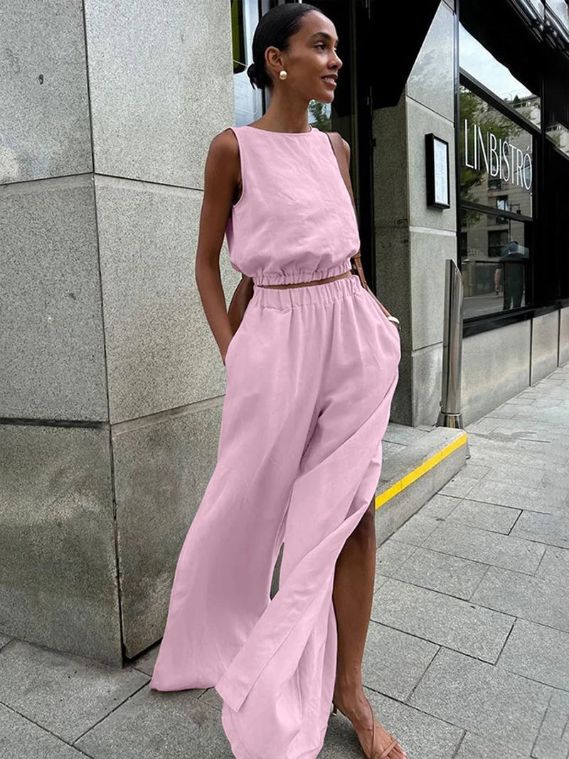 Dames | Linnen Set | Mouwloze Crop Top | Lange Broek | Stijlvol | Chic | Trendy