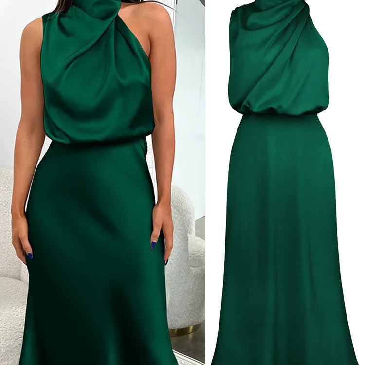 Elegante satijnen midi-jurk met asymmetrische halslijn