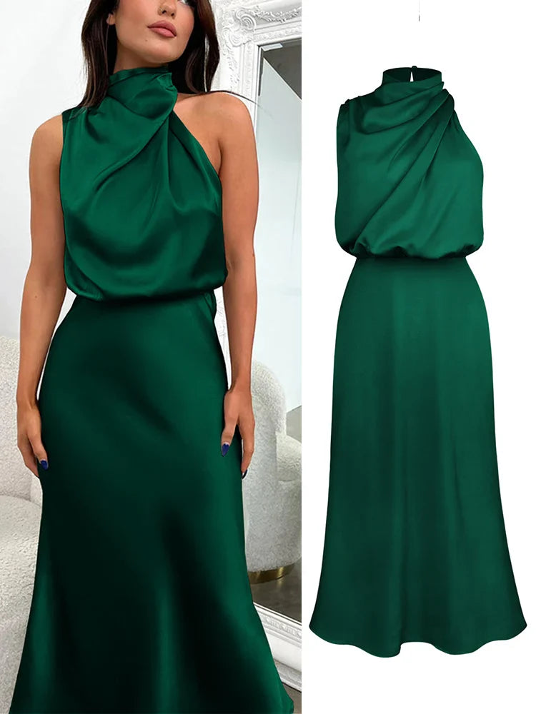 Elegante satijnen midi-jurk met asymmetrische halslijn