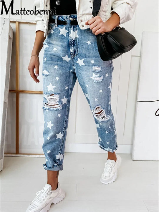Dames Jeans met Sterrenpatroon en Slijtage