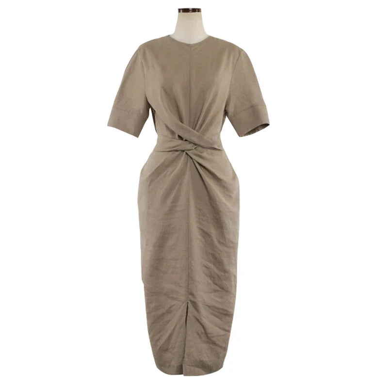 Dames midi linnen jurk met plooien in de taille