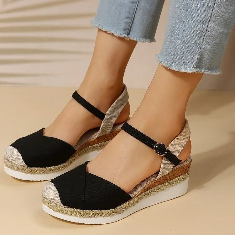Dames sandalen op espadrille platform met bandje