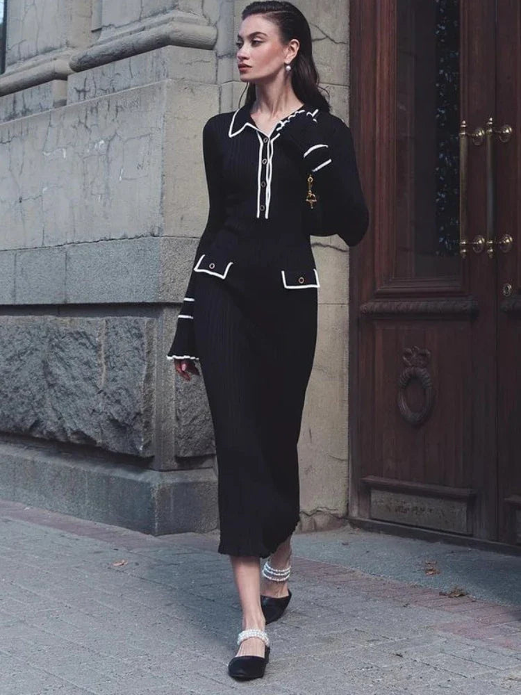 Dames getailleerde midi-jurk met ruffles en lange mouwen