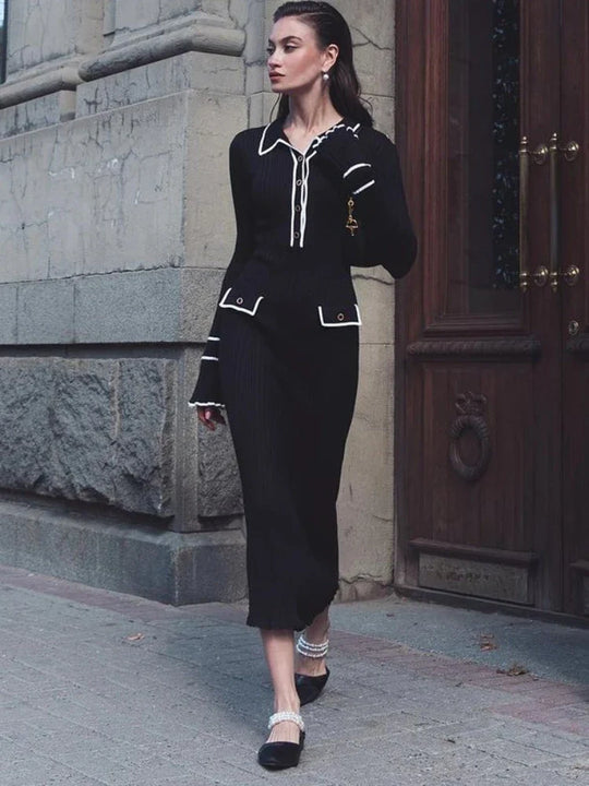 Dames getailleerde midi-jurk met ruffles en lange mouwen