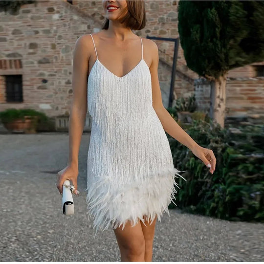 Elegante Cocktailjurk met Veertjes en Franje