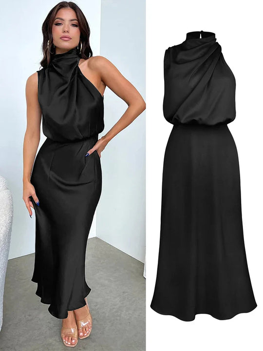 Elegante satijnen midi-jurk met asymmetrische halslijn