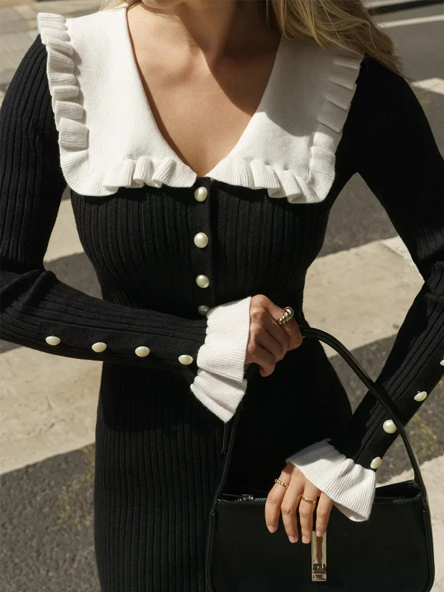 Dames getailleerde midi-jurk met ruffles en lange mouwen