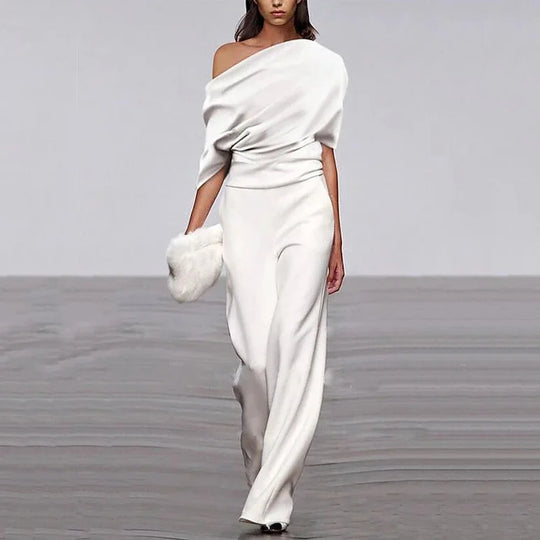 Vrouwen Off-Shoulder Elegante Jumpsuit met Gedrapeerde Top en Brede Benen